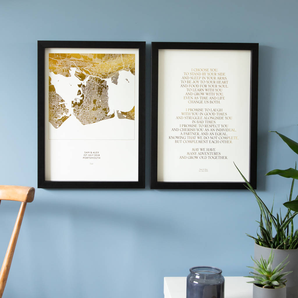 Golden Wedding Prints Set With Foiled Map And Vows, 1 of 8