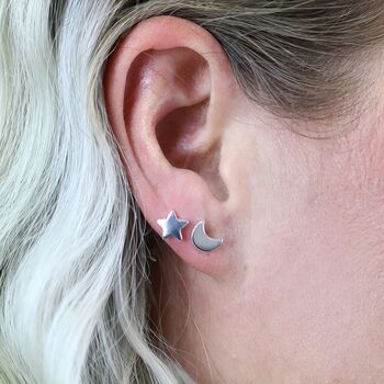 Sterling Silver Mismatched Moon And Star Stud Earrings, 5 of 9