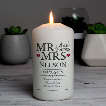 Personalised Mr And Mrs Pillar Candle Wedding Gift, 2 of 2