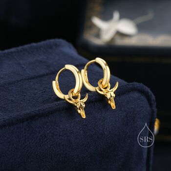 Sterling Silver Tiny Bull Skull Huggie Hoop Earrings, 2 of 10