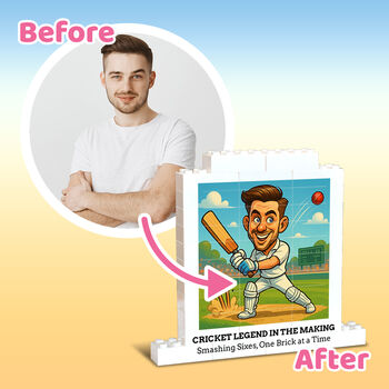 Personalised Cricket Caricature Lego Style Photo Block, 3 of 4