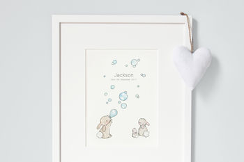 Personalised Baby Bunnies And Bubbles Nursery Print, 3 of 10