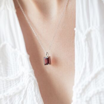 Garnet Emerald Cut Pendant Necklace In Sterling Silver And Gold, 7 of 11