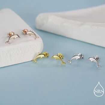 Tiny Dolphin Stud Earrings In Sterling Silver, 7 of 12