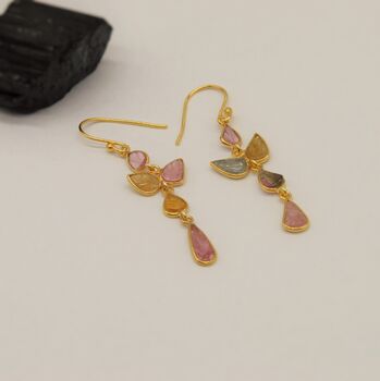 Pink Green Tourmaline Dangle Drop Gold Earrings, 3 of 4