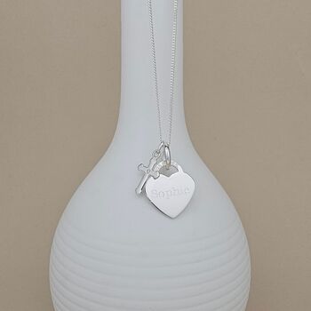 Engraved Silver Heart Necklace With Baptism Cross, 2 of 4