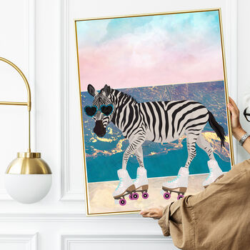 Custom Summer Art Print Zebra Rollerskating Beach Scene, 2 of 5