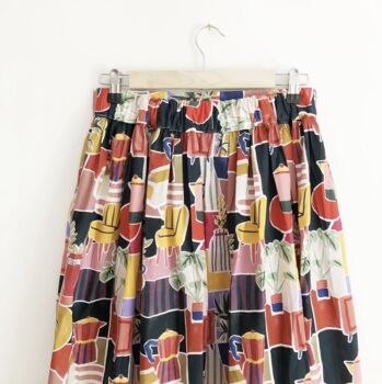 Retro Life Print Black Cotton Midi Skirt, 3 of 5