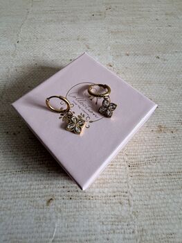 Gold Plated Dangle Clover Flower Earrings, 3 of 5