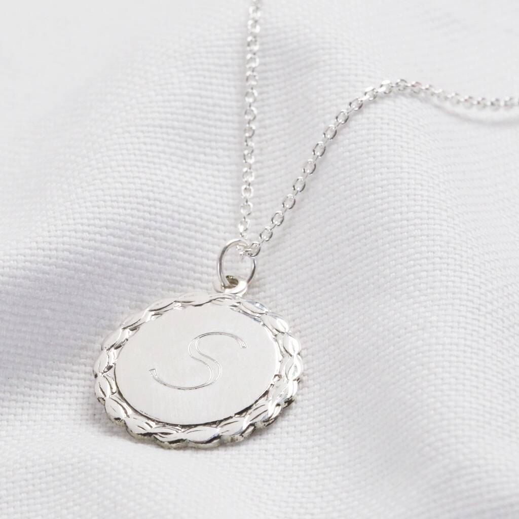Personalised Initial Sterling Laurel Leaf Disc Necklace By Lisa Angel