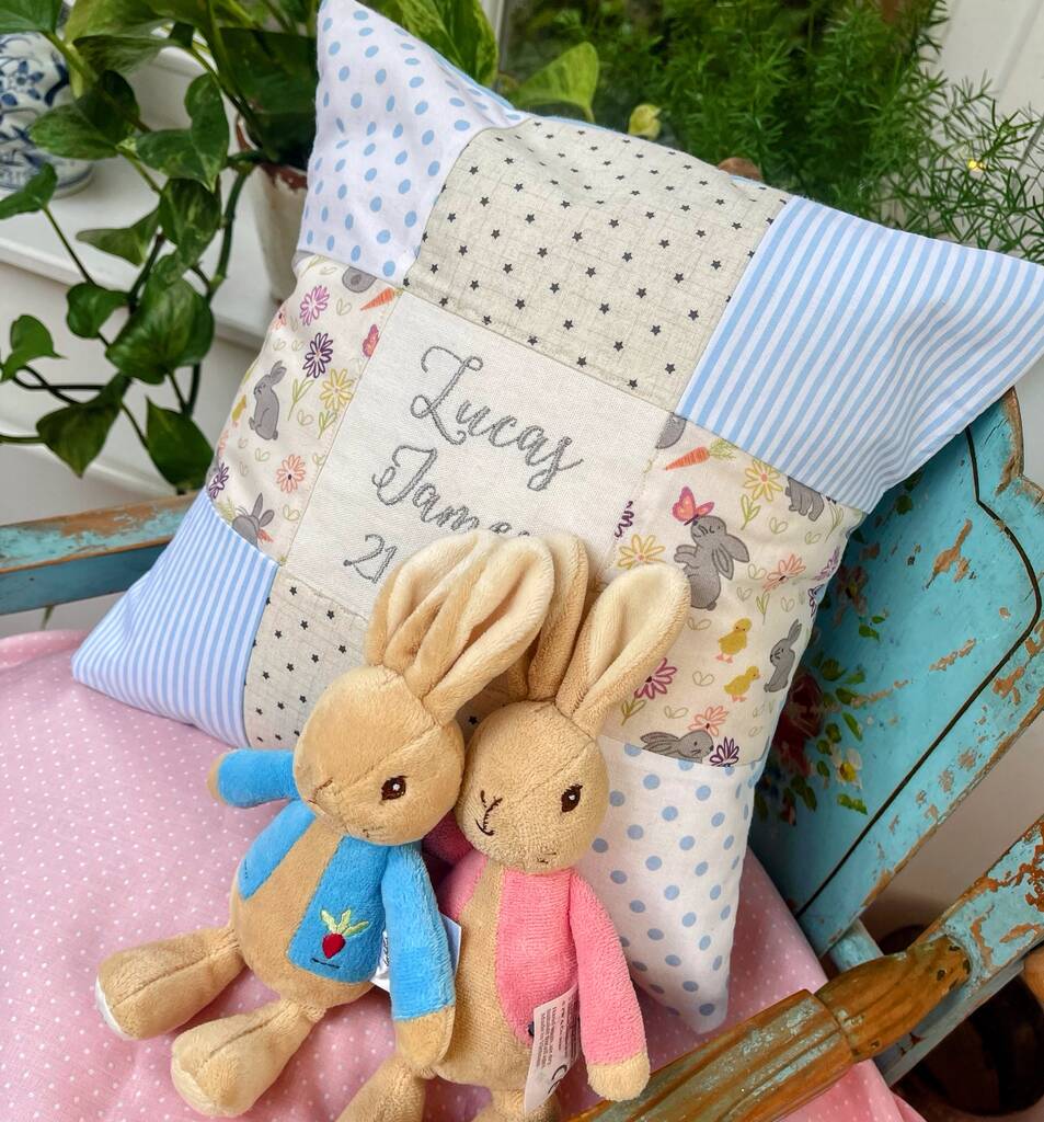 Personalised Blue And Grey Bunny Name Cushion, 1 of 9