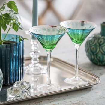 Set Of Two Electroplated Peacock Design Martini Glasses, 3 of 3