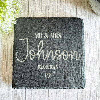 Personalised Slate Wedding Coaster Mr And Mrs Gift, 6 of 7