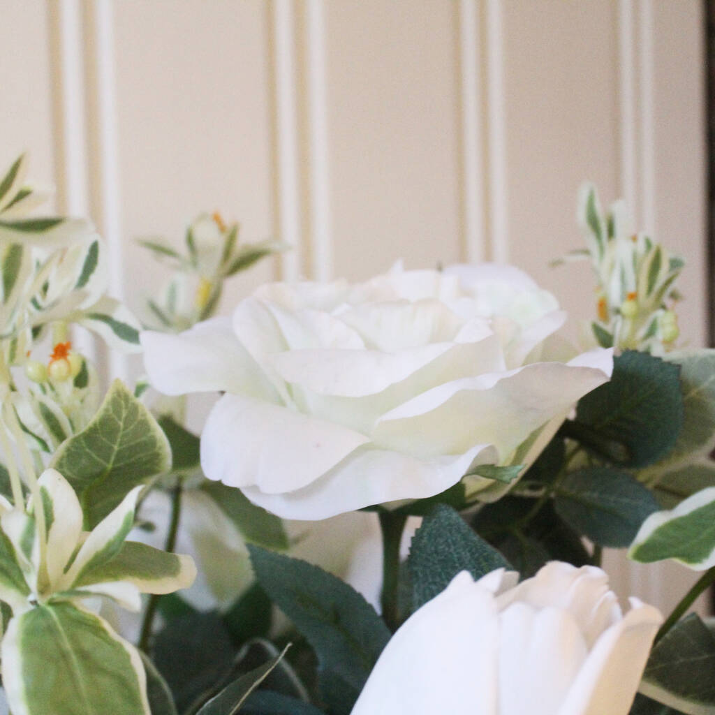 Artificial White Rose Arrangement In Ribbed Vase By Lime Tree London