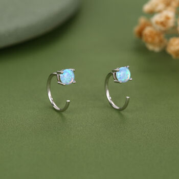 Blue Opal 4mm Open Huggie Hoop Earrings In Sterling Silver, 2 of 12