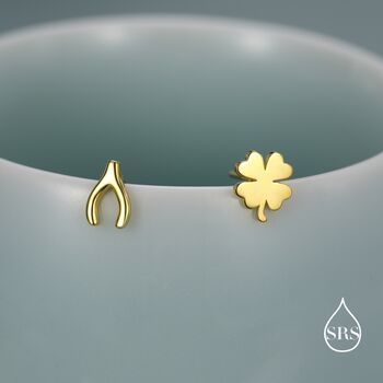 Mismatched Wishbone And Clover Leaf Stud Earrings In Sterling Silver, 2 of 12