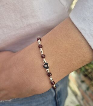 Sterling Silver January Garnet Beaded Bracelet: January Birthstone Personalised Initial Heart, 2 of 5
