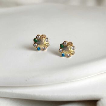 Electric Garden Gold Diamond And Gemstone Stud Earrings, 2 of 5