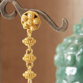Gold Filigree Stud Long Drop Earrings. Gold Vermeil, 3 of 7