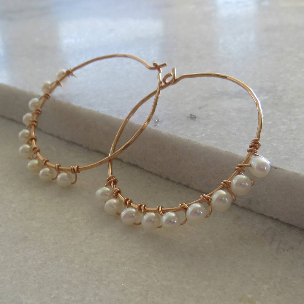 Rose Gold Fill Hoop Earrings With Pearls By Samphire Jewellery