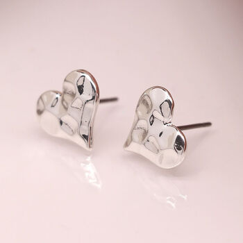 Silver Plated Hammered Heart Stud Earrings, 2 of 7