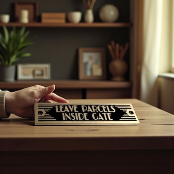 Leave Parcels Inside Gate Metal Door Sign Art Deco Or Modern, 4 of 6