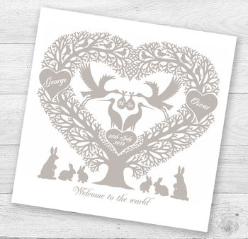 Personalised Stork Tree Heart New Baby Card, 2 of 5