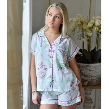Ladies Floral Pink Palm Tree Print Cotton Short Pyjama Set, 4 of 5