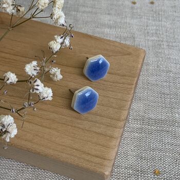 Small Blue Hexagon Clay Earrings, 4 of 6