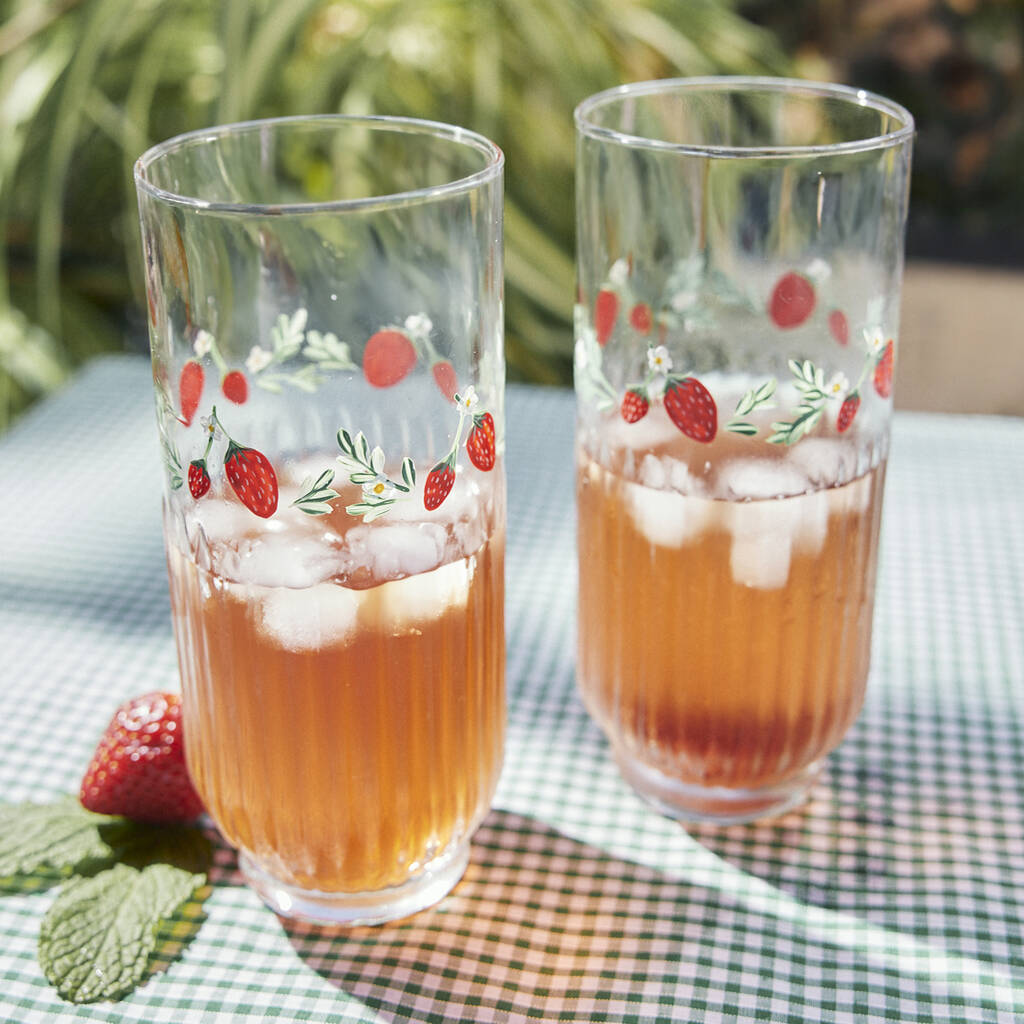 Hand Painted Strawberry Ribbed Highball Glasses Pair, 1 of 7