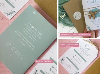 Eucalyptus Floral Sage Green Passport Invitation With Plane Charms For Destination Wedding, 4 of 8