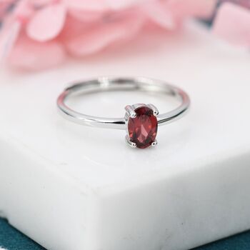 Sterling Silver Natural Red Garnet Oval Ring, 2 of 11