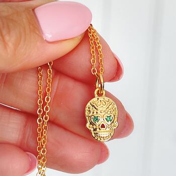 Skull Necklace With Emerald Crystals In Gold Plate, 3 of 5