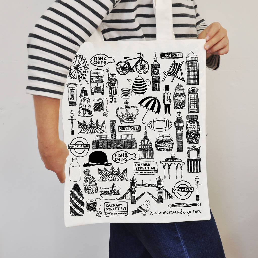 British Illustrated Black And White Tote Bag By Martha Mitchell Design