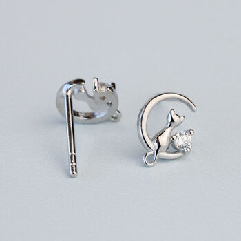 Sterling Silver Cat And Crescent Moon Crystal Stud Earrings, 3 of 5