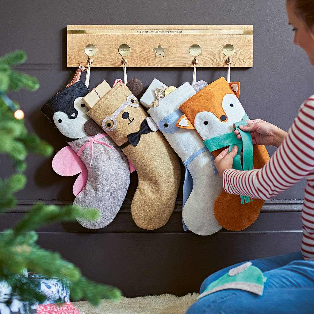 Personalised Oak And Brass Stocking Holder By The Forest & Co