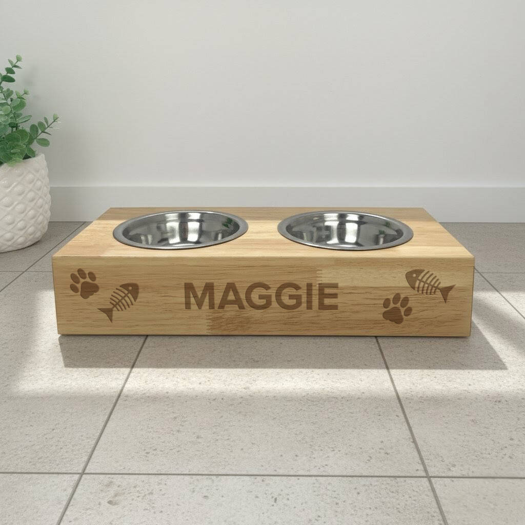 Personalised Name Engraved Wooden Raised Double Cat Bowl, 1 of 5