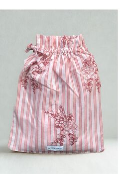 Organic Cotton Pyjama Set For Women – Pink Stripe And Rose Print Vintage Loungewear With Fabric Gift Bag, 6 of 6