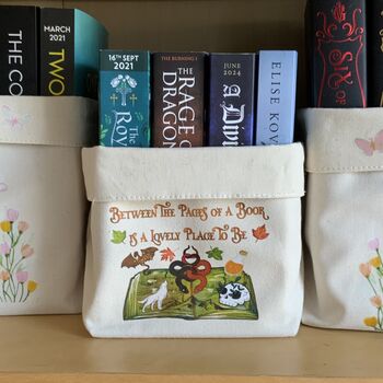 “Between The Pages” Fantasy Book Basket – Small Canvas Storage For Paperback Lovers, 2 of 3