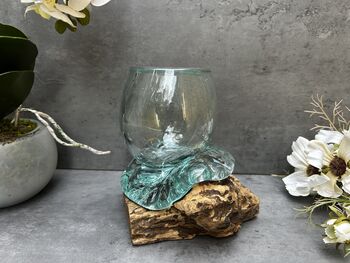 16cm Molten Glass Bowl On Teak Root Fruit And Nut Dish Wooden, 5 of 10