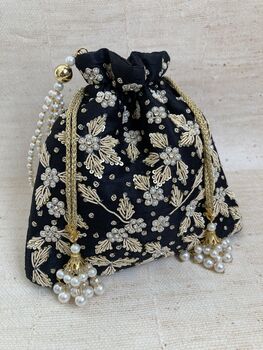 Black Handcrafted Embroidered Potli Bag/Wrist Bag, 4 of 5