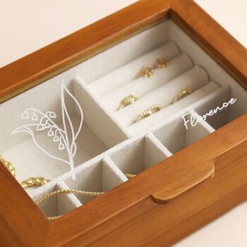 Personalised Birth Flower Glass Top Wood Jewellery Box, 5 of 6