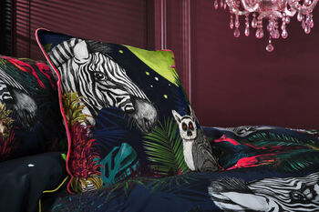 Under The Neon Moon Bright Tropical Flowers Zebras And Lemurs On Navy Luxury Velvet Cushion, 2 of 3