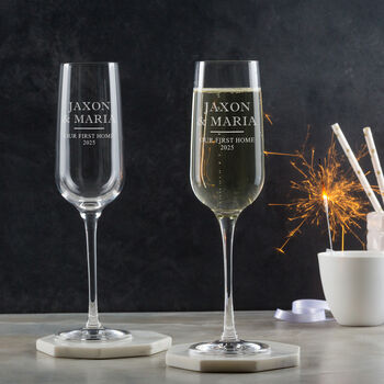 Personalised Engraved Champagne Flute Pair Housewarming Gift, 2 of 6