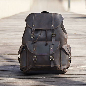 Military Style Genuine Leather Backpack In Worn Brown, 8 of 12