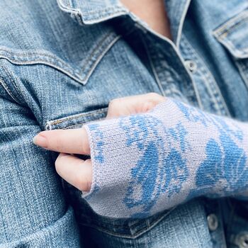 Women's Floral Cashmere Fingerless Gloves Blue, 2 of 7