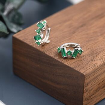 Emerald Green Cz Baguette Huggie Hoop Earrings, 3 of 11