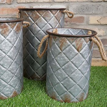 Set Of Three Quilted Effect Metal Bucket Planters, 3 of 5