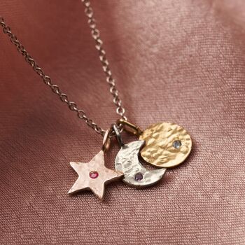 Textured Sun Moon And Star Birthstone Necklace, 5 of 9