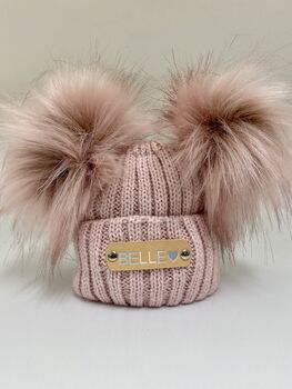 Rose Gold Double Pom Pom Knitted Hat, 2 of 4